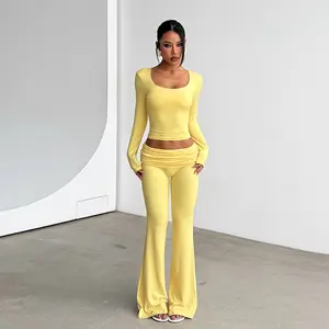 Spring Break Outfit Womens Long Sleeve Pleated Two Piece Set Basic Casual Bodycon Matching Set-YL24335MHO