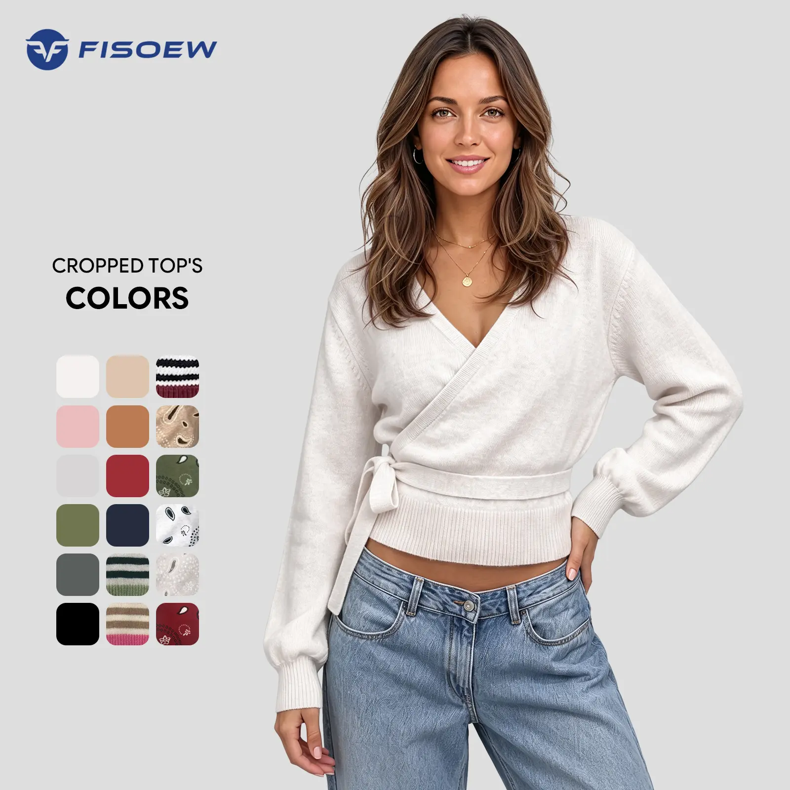 Fisoew Womens V Neck Wrap Cardigan Sweaters Casual Tie Belted Long Lantern Sleeve Slim Fit Knit Crop Pullover Tops SohoChic