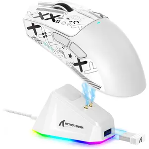 X11 Lightweight  Gaming  with RGB  Dock,Tri-Mode-2.4G/USB-C Wired/BT,22K DPI,PAW3311 Optical Sensor,HUYU , 5 programmable Buttons for PC/(White&Sticker)
