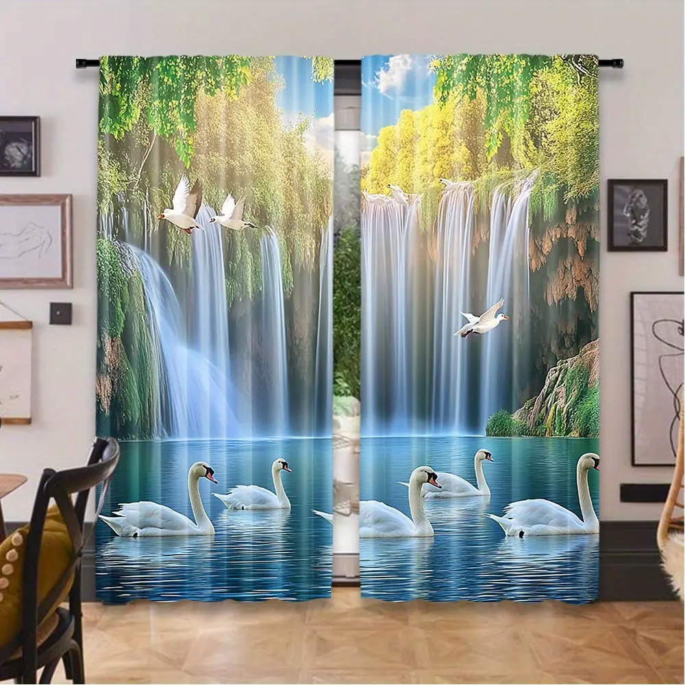 2-Piece set, autumn natural scenery theme printed curtains, autumn forest tree river landscape design, privacy protection, suitable for bedroom living room study balcony home decoration. Autumn Thanksgiving decoration, room decoration, Home Textile