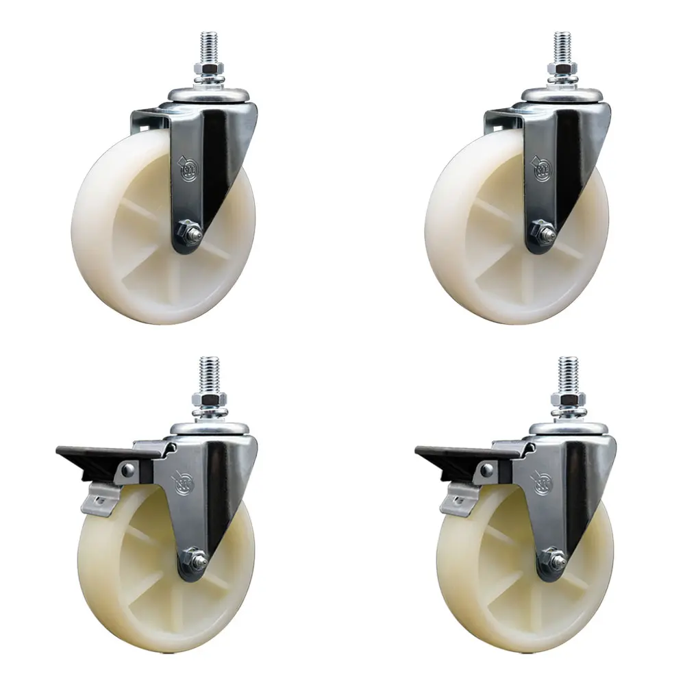 Service Caster SCC-TS20S514-NYS-121315-2-PLB-2 Threaded Nylon Swivel Casters (Set of 4), Light Duty, 5x1.25 inches Chemical Resis. Wheels, 0.5 in Diameter Stems, 2 with Posi Locking Brake, Maintenance Free for Material Handling Carts, Equipment