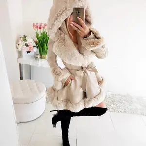 Artificial fur hooded fitted jacket with belt, artificial fur fur fur coat, women's double breasted wool coat, double breasted pea coat, long sleeved front open jacket, giftRAIMENTRY