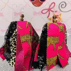 Fabric Earrings with Leopard Print and Sequins in Vibrant Pink and Black for Stylish Accessory