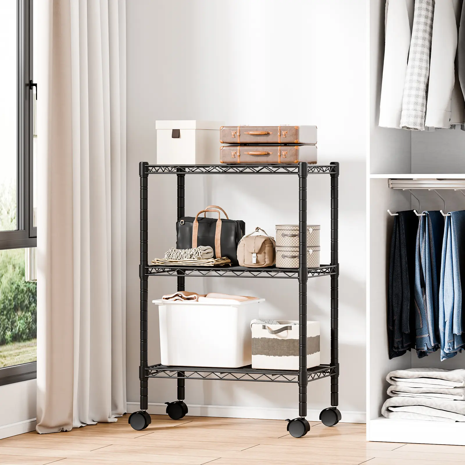 Heavy-Duty Adjustable Wire Shelving Unit with Casters - 24"l x 14"w Floor Racks, 600-1000 lbs Capacity, Easy-Assembly Indoor Furniture Storage Organizer for Garage, Kitchen, Adjustable Display Racks