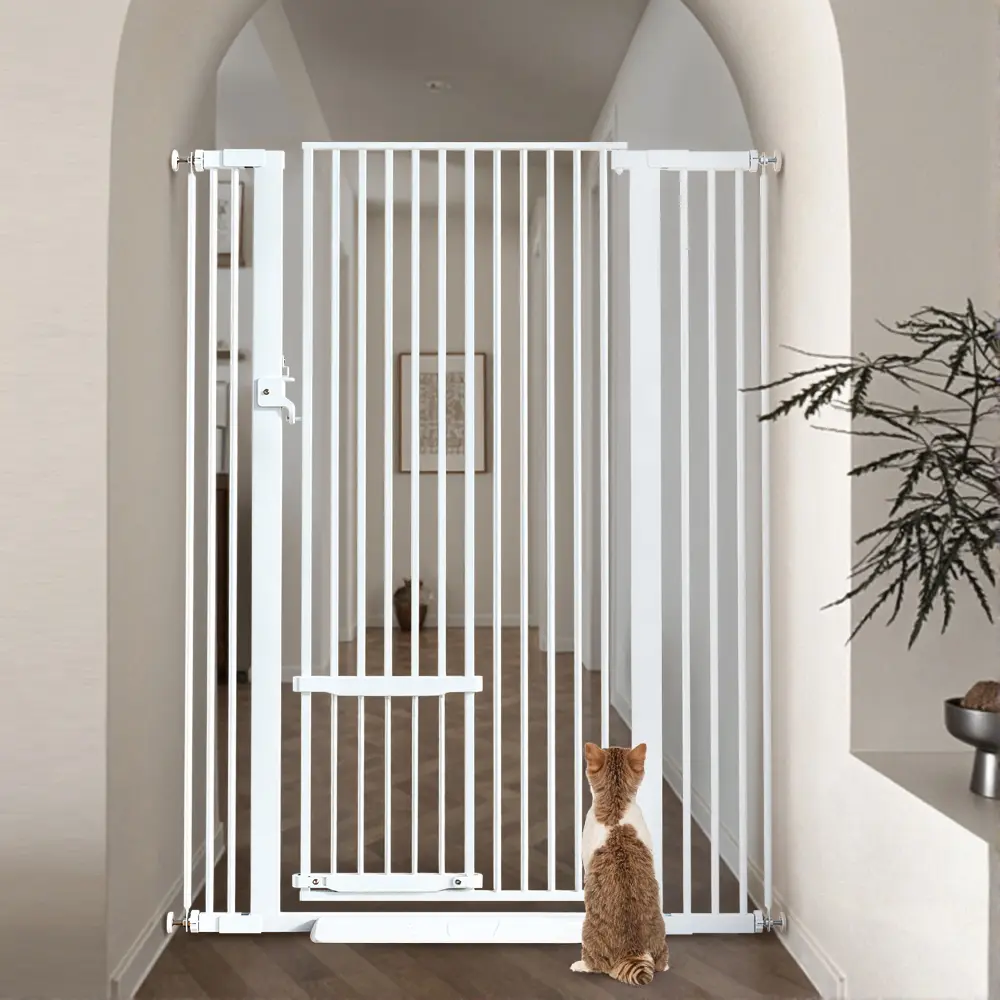 55.1" Extra Tall Pet Gate, 29.5-40.6" Extra Wide Cat Gate, With Adjustable Cat Door, Pressure Mounted Easy Walk Through Pet Gate with Door for Stairs, Doorways, Kitchen, Pet Gate, White, dealsforyou, summerwins, restock, dealsforyoudays, DFYD