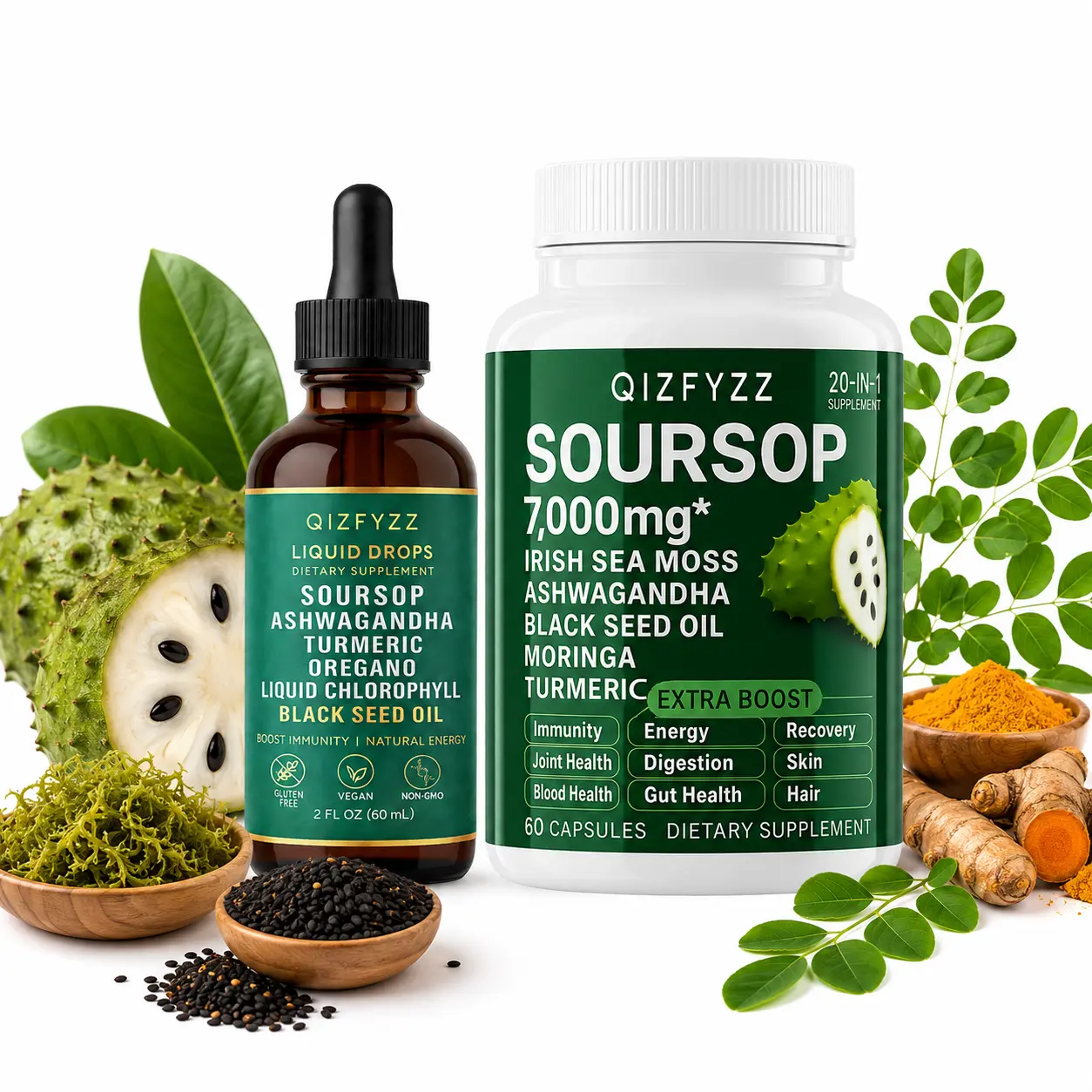 Soursop + Irish Sea Moss Dual-Effect Wellness Capsules, 7000mg High-Potency 20-in-1 Herbal Complex with Ashwagandha, Black Seed Oil, Moringa & Turmeric, Daily Support for Energy, Immunity, Digestion & Healthy Skin