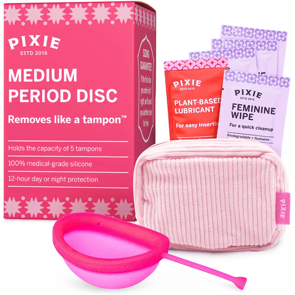 Pixie Menstrual Disc for Feminine Care - Ranked 1 for Best Tampon Alternative Period Disc - 100% Medical-Grade Silicone - Removes Like a Tampon - Wear 12 Hours - Capacity of 5 Tampons (Medium, Pink)