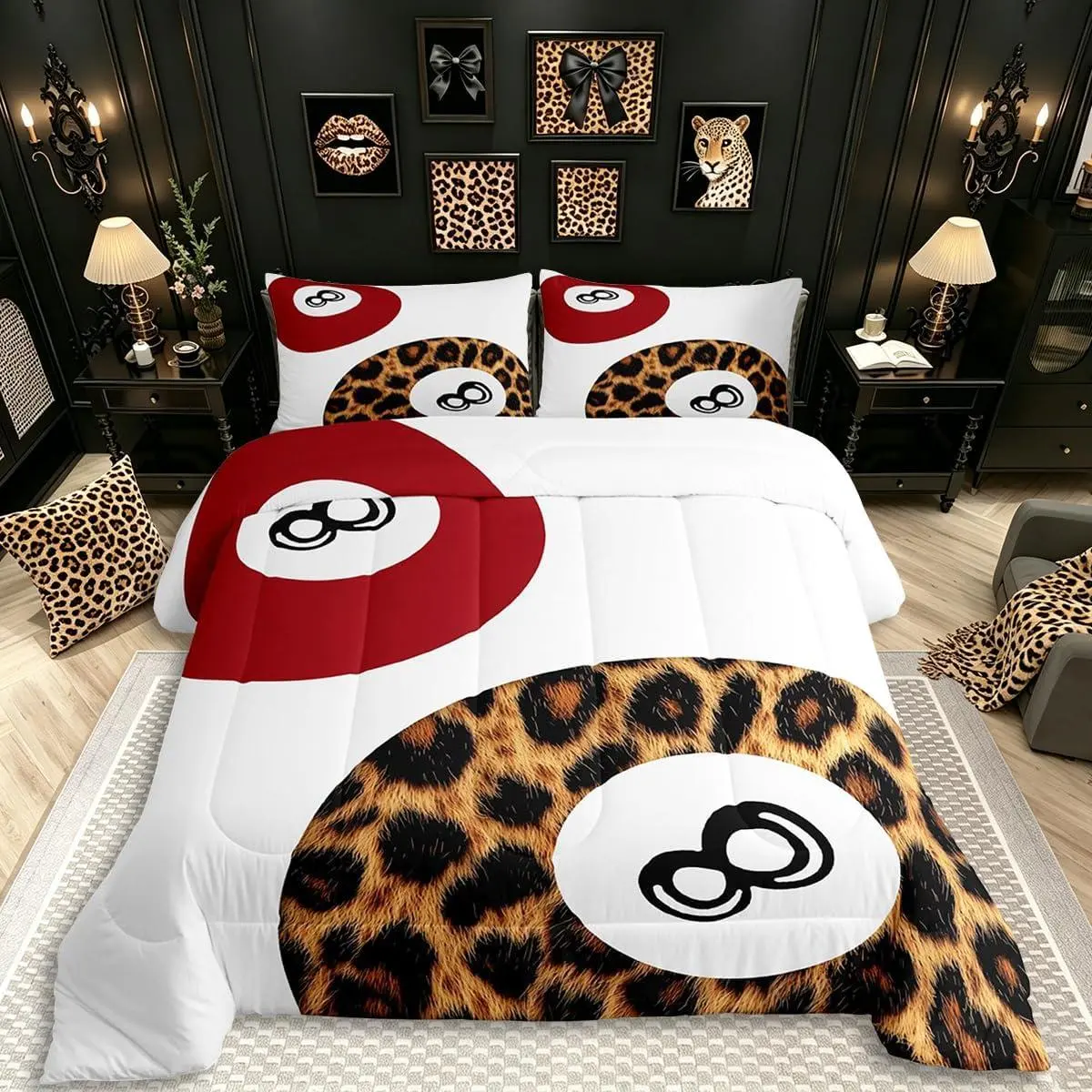 Lucky 8 Ball Comforter Set,Trendy Cheetah Bedding Set Trendy Funky Preppy Quilt White Red Brown Bed Set Fashion Coquette Room Decor Aesthetic