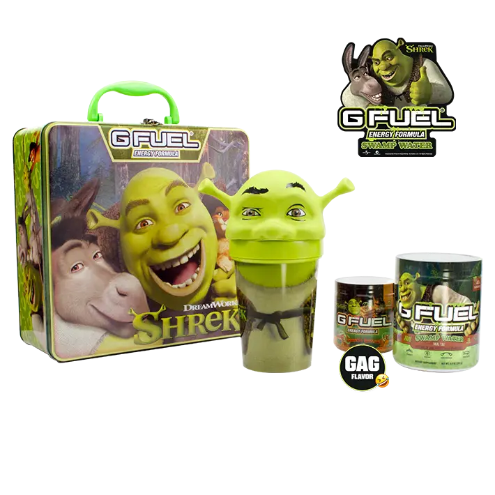 G FUEL Energy Formula | Shrek Collector's Box | Mai Tai (40 Servings) and Onions & Waffles (15 Servings) Flavors | Collectible Lunch Box, Shrek Shaker Cup & Exclusive Shrek Sticker