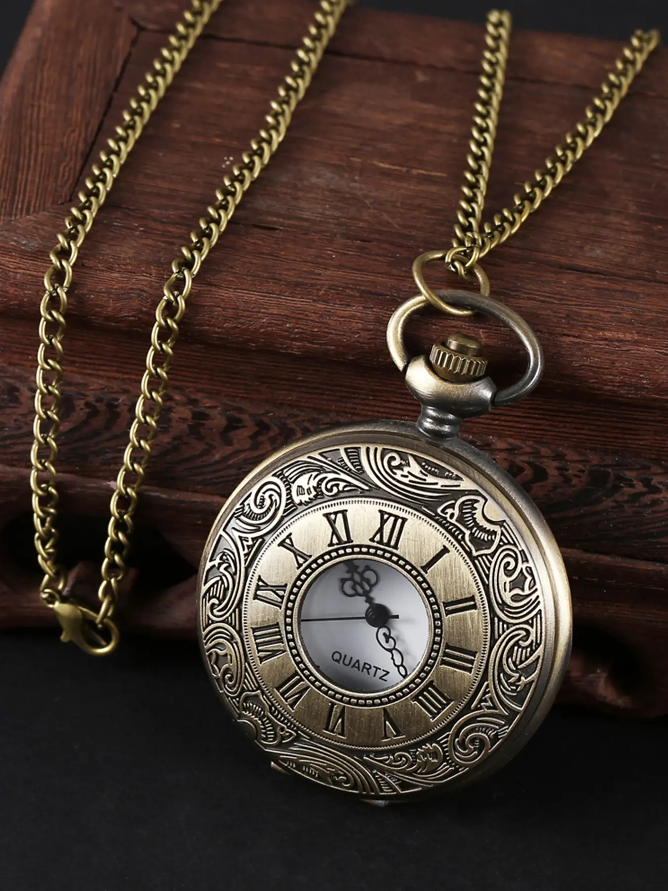 One-Piece Antique Bronze Pocket Watch - Roman Numeral Dial with Ornate Floral Border, Vintage Quartz Watch