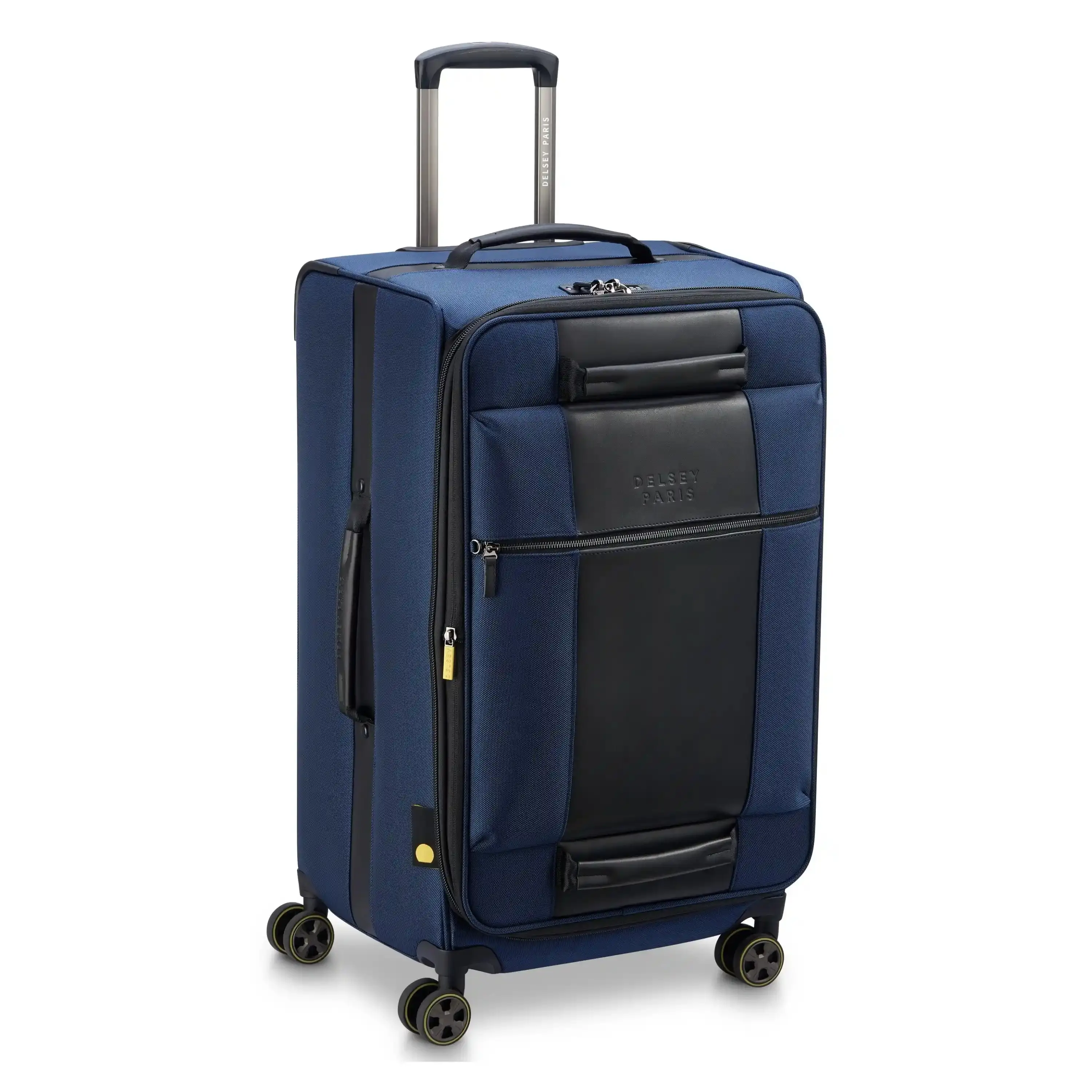 DELSEY Wagram Medium Square Trunk Spinner - Expandable Ballistic Nylon Checked Luggage with Leather Accents and TSA Zipper Lock, Expandable Rolling Luggage, Travel Trolley, Accented, Compact Look, Square Shape