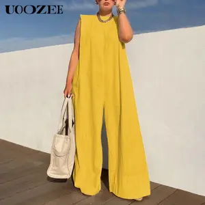 UOOZEE Women's Minimalist Flattering Cut Sleeveless Cotton Blend Overalls - Basic Fitted Solid Black Round Neck Wide Leg Casual Jumpsuits for Summer, Overalls For Women