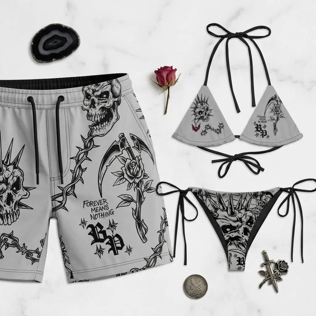 Matching Couple Hysteria Swimwear Set Gothic String Bikini & Swim Trunks, Alternative Aesthetic Beachwear, Summer Vacation Matching Couple Outfit