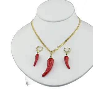Chillies Set of Erring Pendant with Cuban Chain - Elegant Red Chillies on Gold Chain