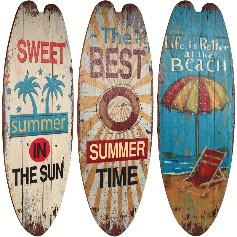 3pcs Vintage Hangable Wooden Surfboard Wall Decorations - 17.6x6.2" Art Deco Decorative Signs, No Power, Generally Fit Beach Theme Home Decor for Living Room, Bedroom