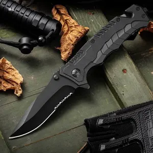EDC Tactical Folding Knife with Ergonomic Handle, 3.35 Inch Serrated Stainless Steel Blade with Glass Breaker Seatbelt Cutter, Suitable for Camping,Hunting,Outdoor Survival,Emergency Situations and EDC Tactical Tools