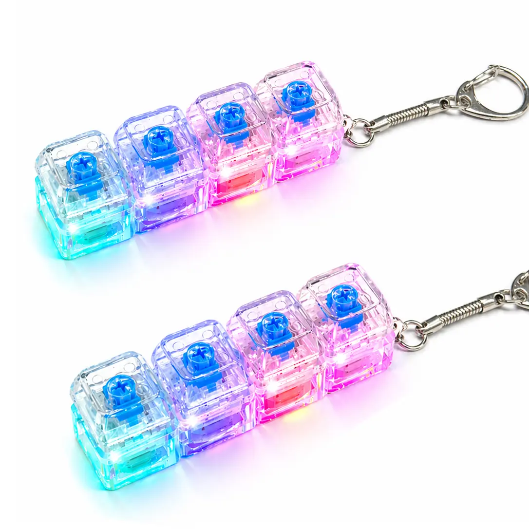 2PCS Keyboard Fidget Clicker Keychain Stress & Anxiety Relief Toy, Translucent Design with Crystal Caps & Led Lighting, Portable Unisex Elegant