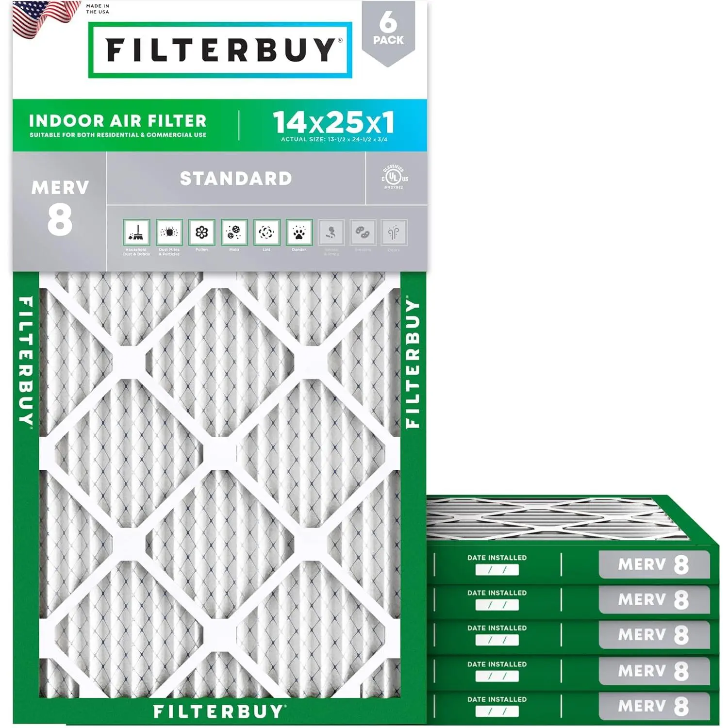 Filterbuy 14x25x1 HVAC AC Furnace Replacement Air Filter (6-Pack), Pleated MERV 8 Dust Defense (Actual Size: 13.50x24.50x0.75 Inches), Replacement Parts