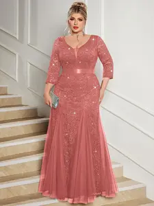 MISSMAY P84159A Plus Size Deep V-Neck Sequin Floral Lace Tulle Contrast Mesh Mermaid Hem Evening Party Formal Maxi Dress, Winter Dress, New Year Dress, Wedding Guest Dress, For Birthday, Homecoming, Festivals