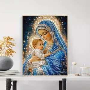 This DIY 5D diamond painting set featuring the Virgin Mary and the infant Jesus uses round acrylic diamonds and makes a sparkling gift for home and office wall decoration. Frame not included. Religious-themed wall art | Virgin Mary theme | Sparkling