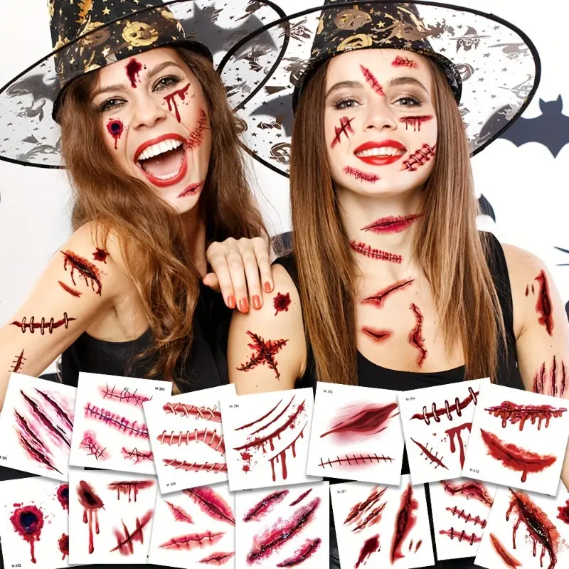 20Sheets Halloween Temporary Tattoos, 3D Realistic Bloody Scar Wound Fake Stitch Scab Decals, Waterproof Face Body Tattoo Stickers for Scary Zombie Vampire Cosplay Makeup, Spooky Halloween Costume Accessories