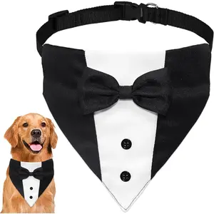 Dog Tuxedo Suit Wedding Bandana Collar with Bow Tie, Adjustable Formal Dog Tux for Engagement Birthday, Fits Small Medium Large Dogs Pets (Large: Neck 15”-25”)