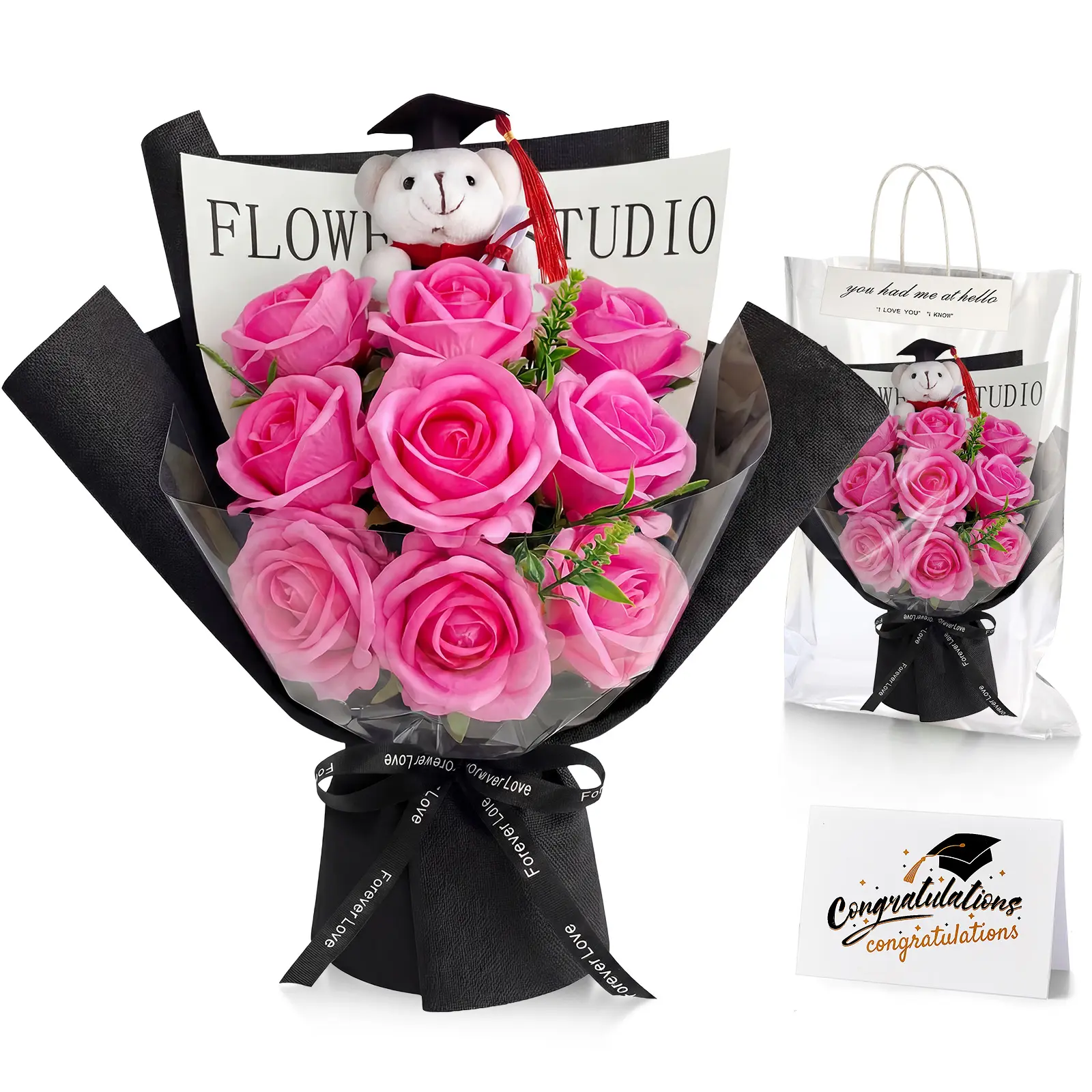 3 Pcs Graduation Gift DIY Bear Flower Bouquet Set with Artificial Roses Flower Bouquet Mini Plush Bear with Grad Cap Greeting Card Gift Bag for 2026 Graduation Party Favors Supplies, Gift for Graduate