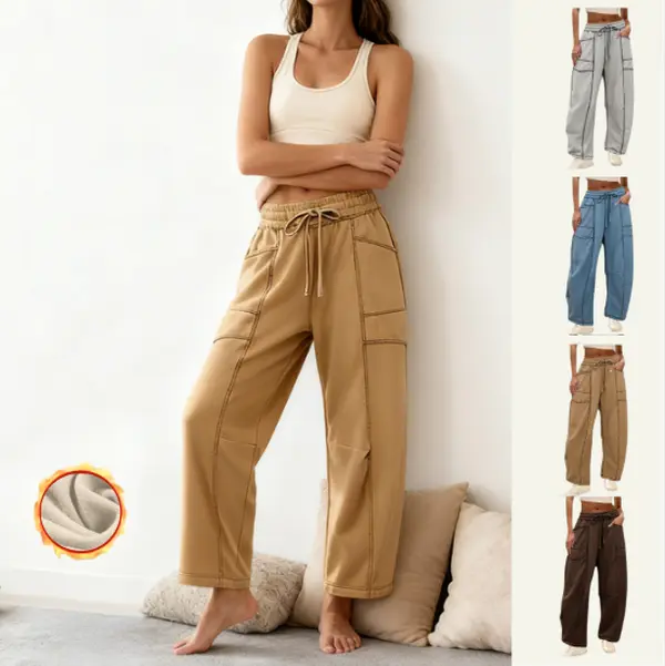 Yeokou Women's Baggy Wide Leg Fleece-Lined Cotton Blend Pants - Korean Chic, Cute, Preppy, Retro, Soft Thermal Fabric, Adjustable Drawstring Waist, Pockets, Frill, Fall Winter Loungewear, Cozy Home-To-Street Wear