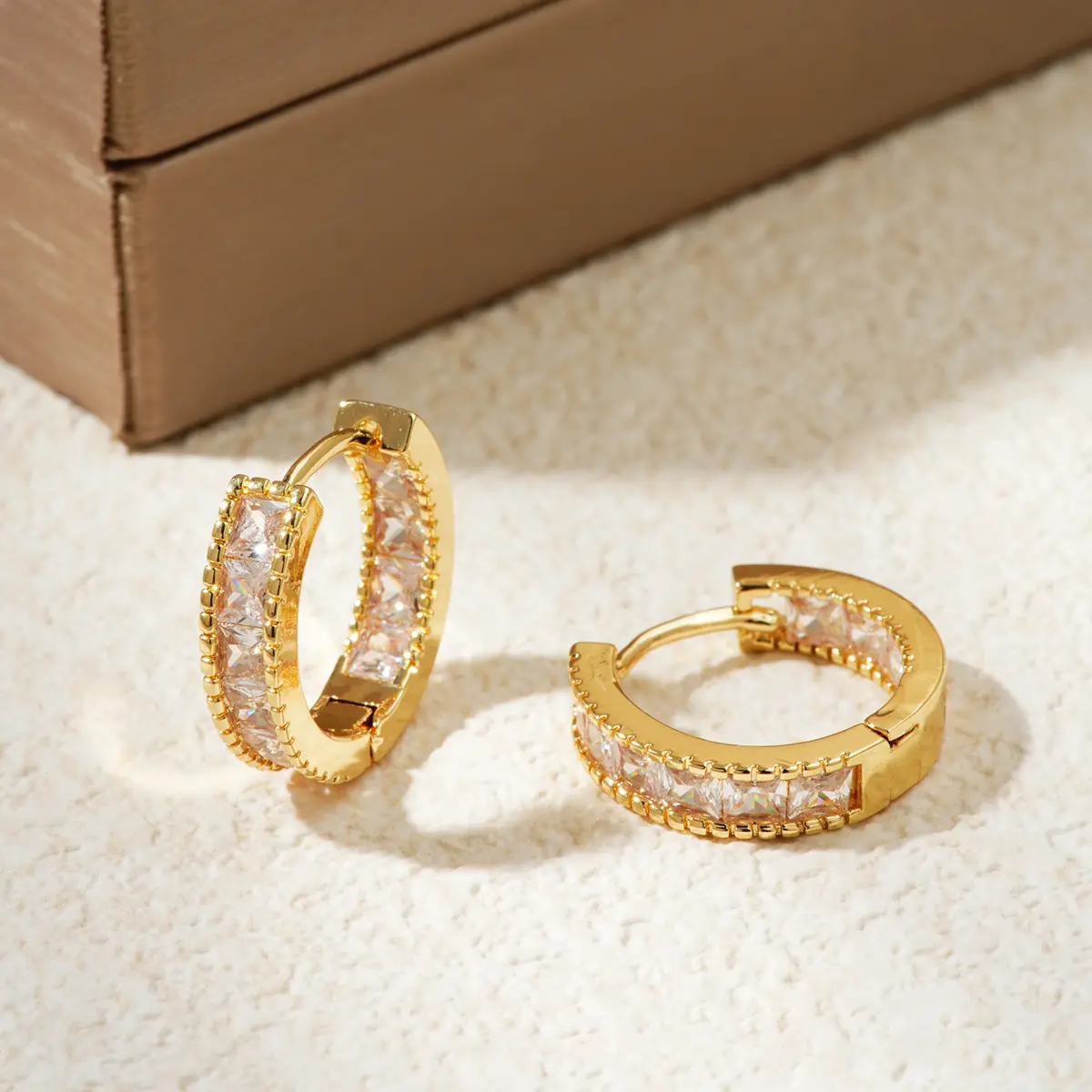 Round Circle Hoop Earrings with square  Cubic Zirconia 14K Gold Plated Ear Cuff Huggie Earrings Wonderful Gift Choice for Girls Women and Men