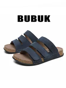 BUBUK Men's Vintage Handmade Leather Sport Casual Sandals, Velcro One-Strap Slippers, Comfortable Soft Sole Anti-Slip Flip Flops, Footwear