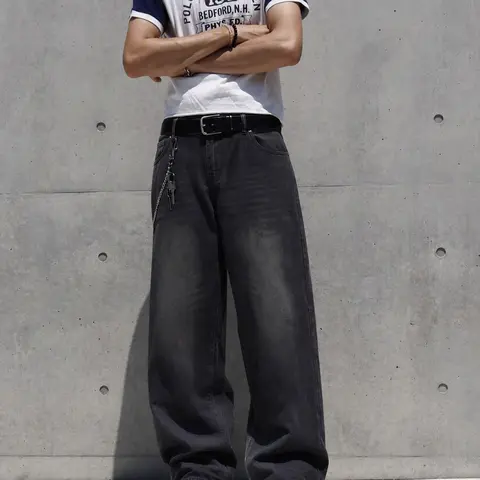 Men's Premium Washed Plain Cotton Denim Jeans - Menswear Oversized Baggy Loose-Fit Wide-Leg Y2K Casual Streetwear Retro Whiskered Skater Vintage Bottoms