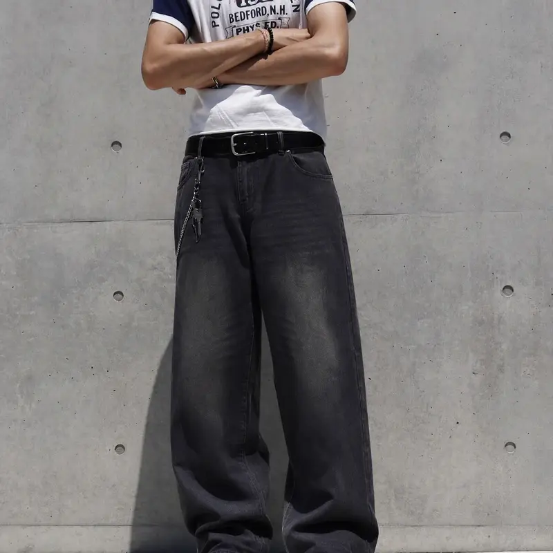 Men's Premium Washed Plain Cotton Denim Jeans - Menswear Oversized Baggy Loose-Fit Wide-Leg Y2K Casual Streetwear Retro Whiskered Skater Vintage Bottoms