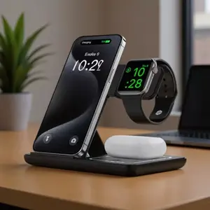 3 in 1 Foldable Charging Station for Multi Devices,Fast Wireless Charger Travel Dock Adapter&Light for iPhone 16/15/14/13/12/11/X/XS,for iWatch 10/9/8/7/Ultra2/Ultra/SE,for AirPods 4/3/2/Pro/2,Folding