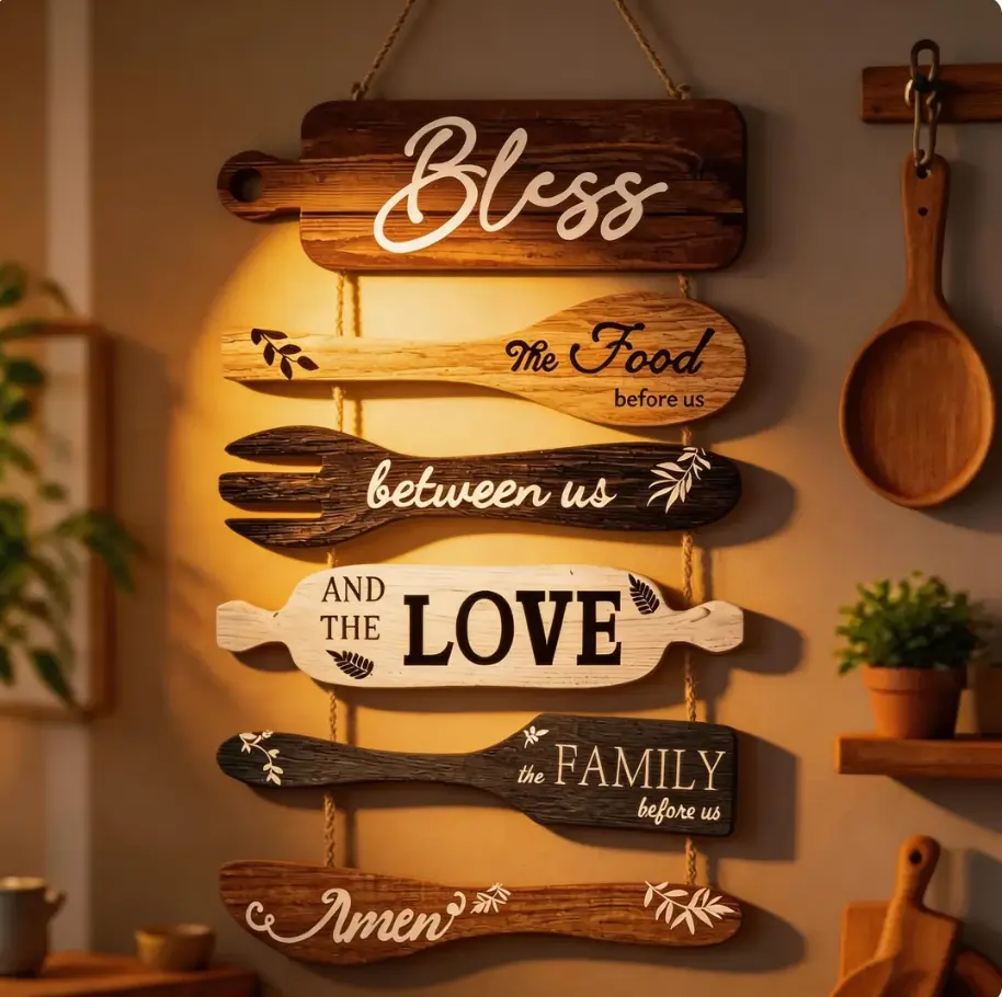 6 Piece Rustic Wooden Signs, Cookware Shaped Hanging Wall Decor for Farmhouse Kitchen, Bless the Food Religious Home Ornament, Decoration, Gift, Hanging Farmhouse Sign, Ornaments, Set, Home Wall Ornament