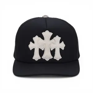 Unisex Chrome Hearts Cemetery Theme Trucker Hat - Black-and-White Embellished Hats, Pony Hair Material, Cross Patch Detail