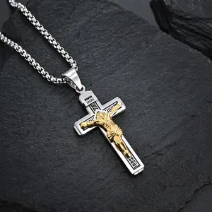 Catholic Jesus Christ on INRI Cross Crucifix Gold Silver Tone Stainless Steel Pendant Necklace 22+2 Chain