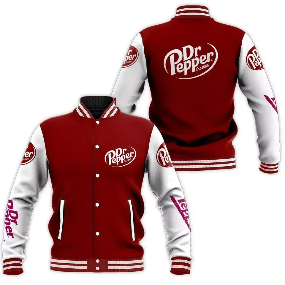 Dr Pepper Baseball Jacket, Dr Pepper Est 1885Baseball Jacket, Baseball Varsity Jacket, Sporty Streetwear Look, Everyday Casual Jacket