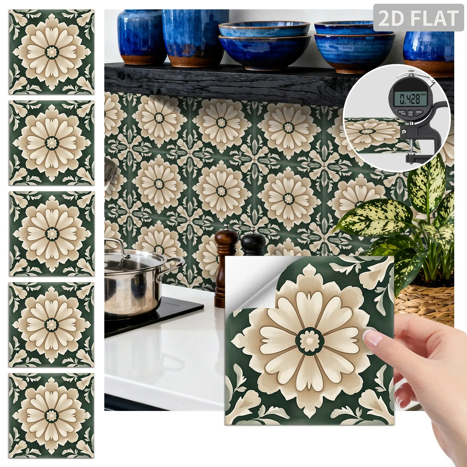 24PCS/Box FHZ Classic Art Tile Dark Green Vintage Floral Peel and Stick Wall Sticker, PET Matte Waterproof Oil-Proof Tile for Kitchen Backsplash Bathroom Furniture