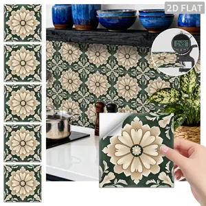 24PCS/Box FHZ Classic Art Tile Dark Green Vintage Floral Peel and Stick Wall Sticker, PET Matte Waterproof Oil-Proof Tile for Kitchen Backsplash Bathroom Furniture