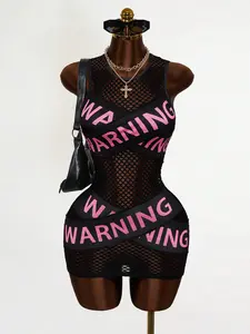 Mesh Warning Print Sleeveless Bodycon Mini Dress, Sheer Sexy Casual Style, Night Out, Music Festival, Party, Date, Brunch, Office, Layering, Daily Wear