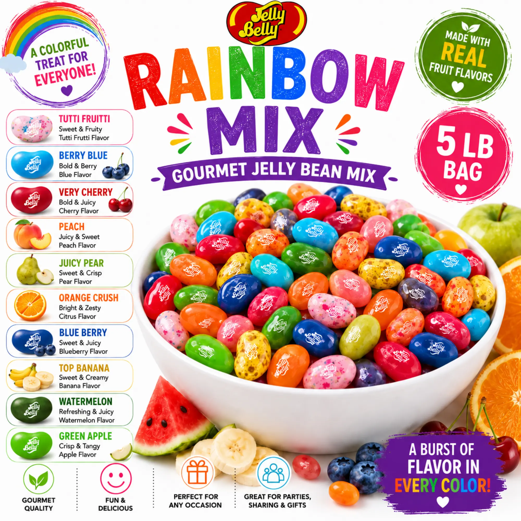 Jelly Belly Rainbow 10-Flavor Mix Jelly Beans - Tutti Fruitti, Berry Blue, Very Cherry, Peach, Juicy Pear, Orange Crush, Blueberry, Top Banana, Watermelon, Green Apple - Bulk 5lb Snack Bag, Premium Soft Chewy Fruit Candy for Party Buffet Dessert Displays