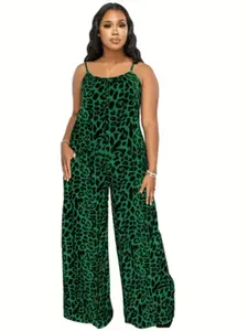 Plus Size Women's New Fashion Leopard Print Sexy Strap Sleeveless Jumpsuit, Summer Leopard Print Strap Casual Jumpsuit, Trendy and Comfortable
