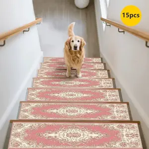 15pc Patterned Non-Slip Stair Mats, Durable Home Carpet, European Style Decorative Step Pads, Protective Stair Treads