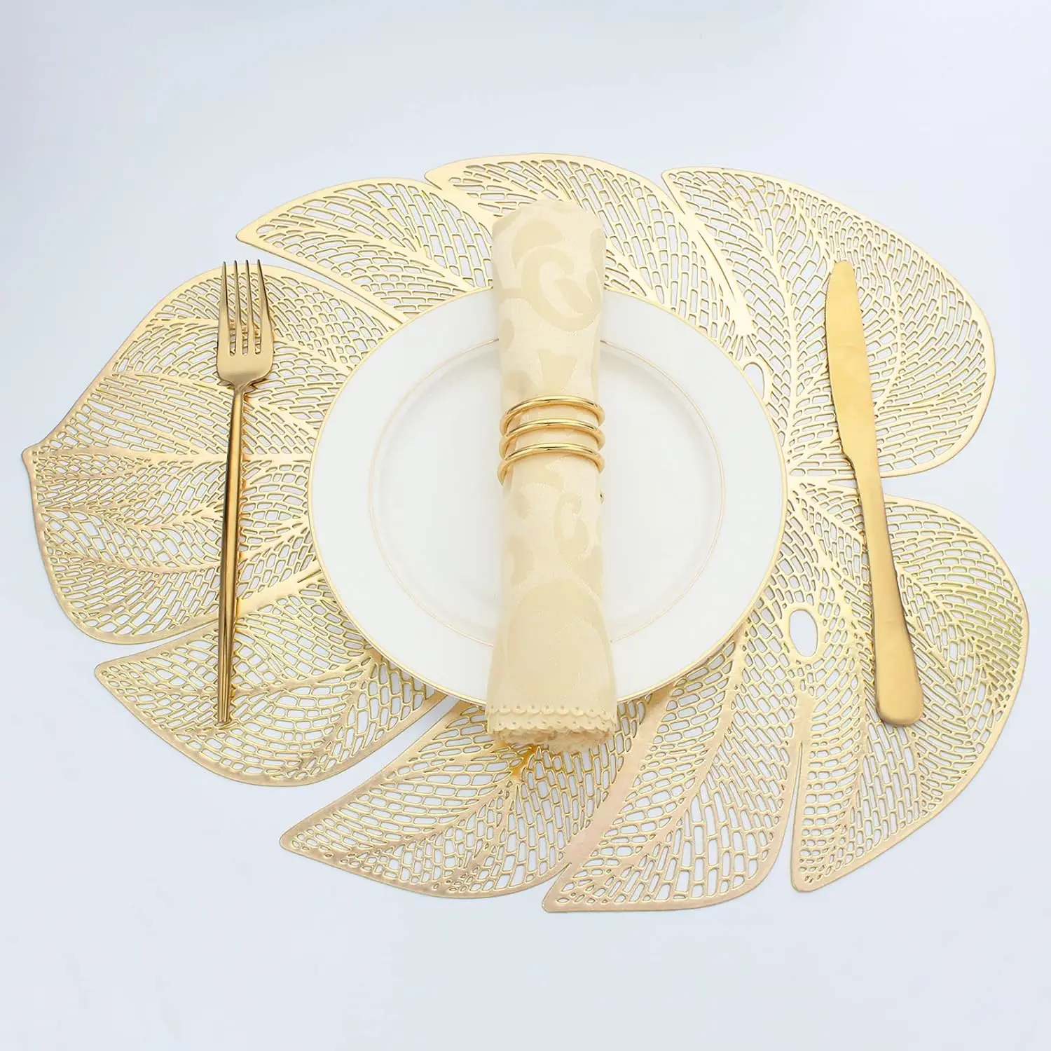 Gold Leaf Shaped Vinyl Placemats for Dinner Table Set of 6 Metallic Plastic Gold Place Mats Wipeable 6 count Table Mats for Wedding Annersary Dinner Table Decoration Mats(17.7x13.8inch/45x35cm)