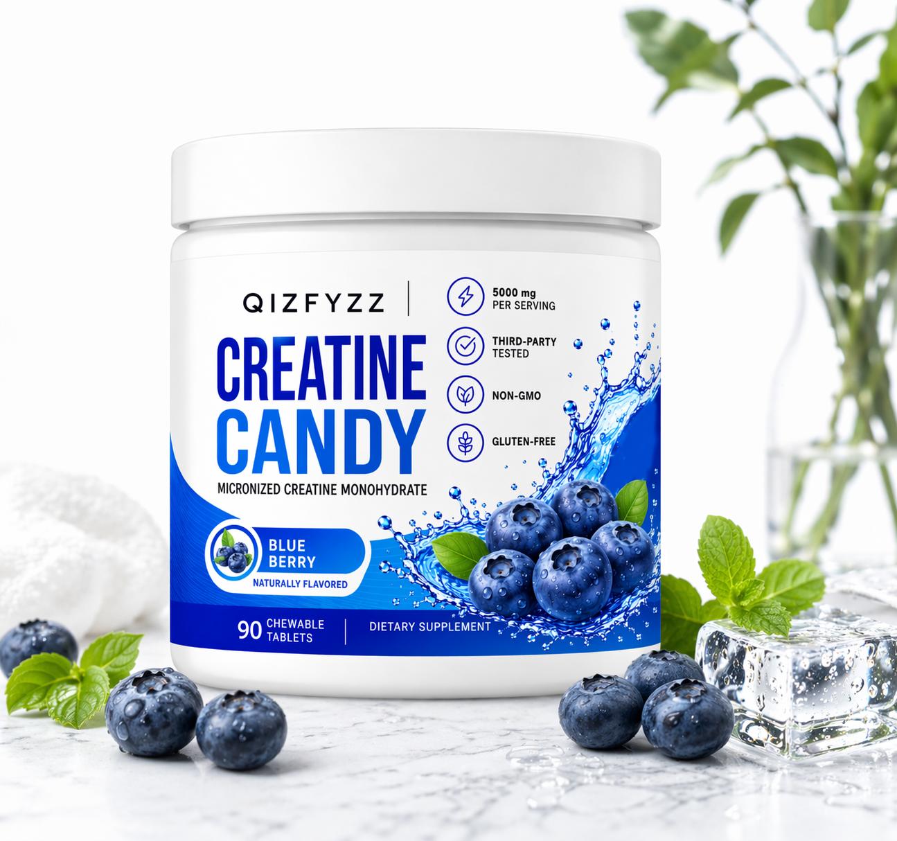 Creatine Candy Chewable Tablets 5000mg Per Serving, Micronized Creatine Monohydrate, Blueberry Flavor, 90 Count, Non-GMO, Gluten-Free, Workout & Muscle Support Supplement