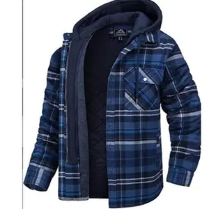 Men's Autumn/Winter  Cotton Jacket with Plaid Long Sleeves, Loose Fit and Hooded Outerwear Tops Casual Menswear Black Checked Blue