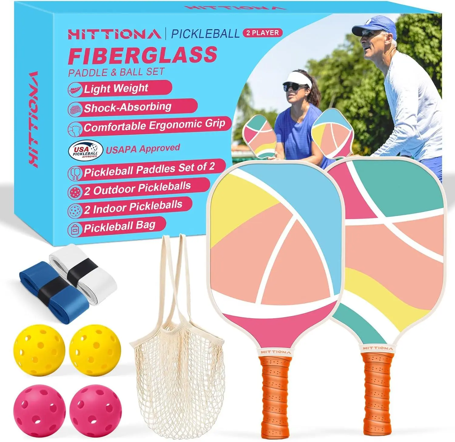 HITTIONA Pickleball Paddles Set of 2 - USAPA Approved Fiberglass Cute Pickleball Paddles Set for Women, Pink Pickleball Paddle with Anti-Slip Grip, 4 Pickleballs, Pickle Ball Paddle for Beginners