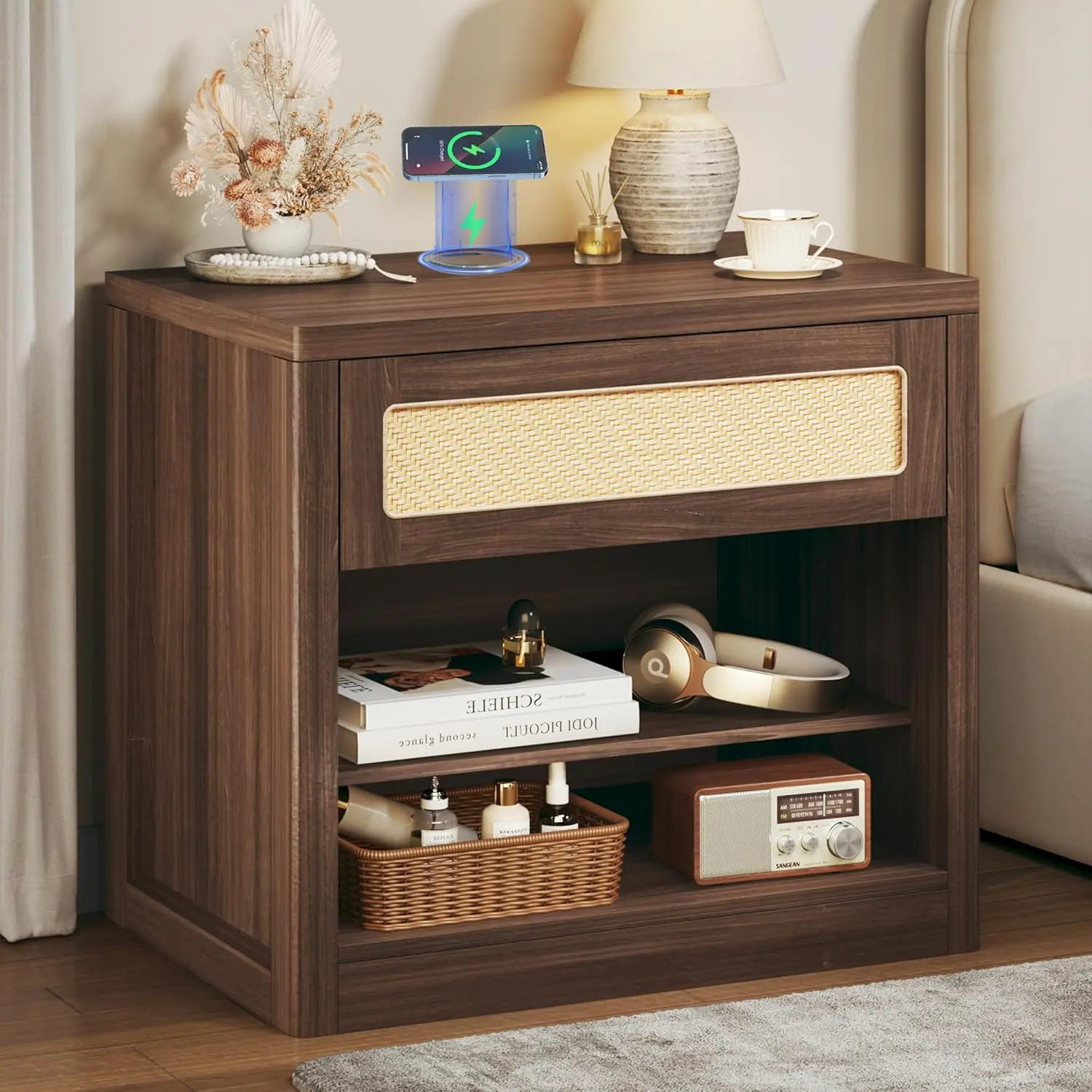【Summergarden】Wide Nightstand, 26" Mid Century Modern Wooden Night Stand, Rustic Bedside Table with Rattan Drawer, Large Side Table with Wireles