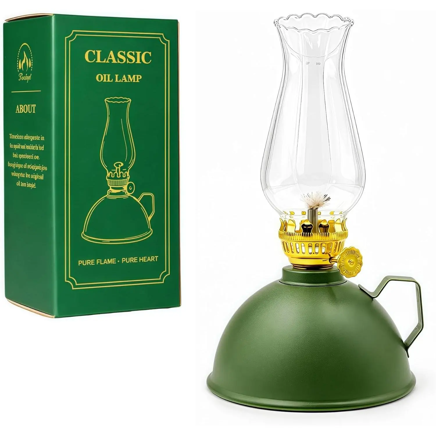 Vintage Glass Oil Lamp, Retro Kerosene Hurricane Lantern with Metal Base, Farmhouse Decorative Table Lamp for Indoor Home Decor, Camping & Emergency Lighting(Green)