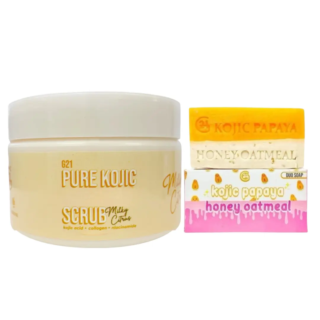 G21 Pure Kojic Body Scrub milky citrus & Kojic / Honey Oatmeal Soap | Body Care Bundle